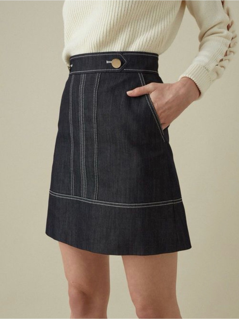 Karen Millen Dark Denim A-Line Skirt with Contrast Stitching